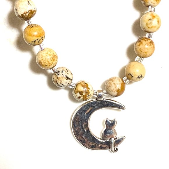 Jasper Stone Silver Cat on the Moon Necklace, Genuine Gemstone Beaded Necklace - Picture 4 of 8